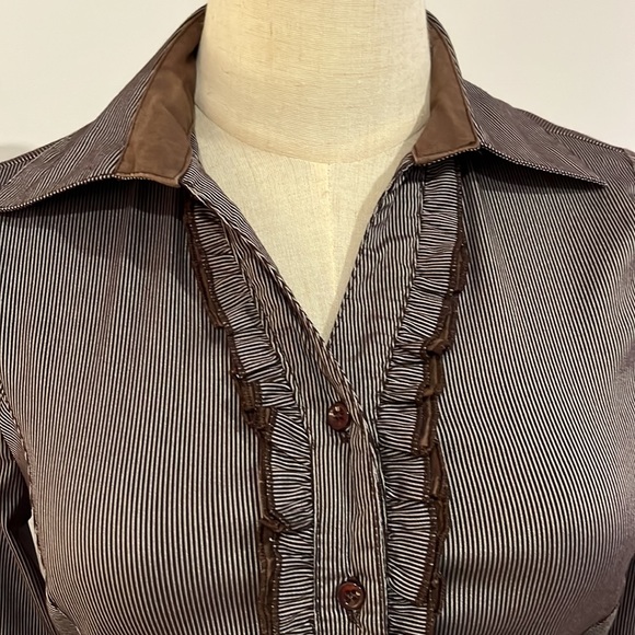 Scarlet brown striped frilled front shirt - Picture 2 of 9